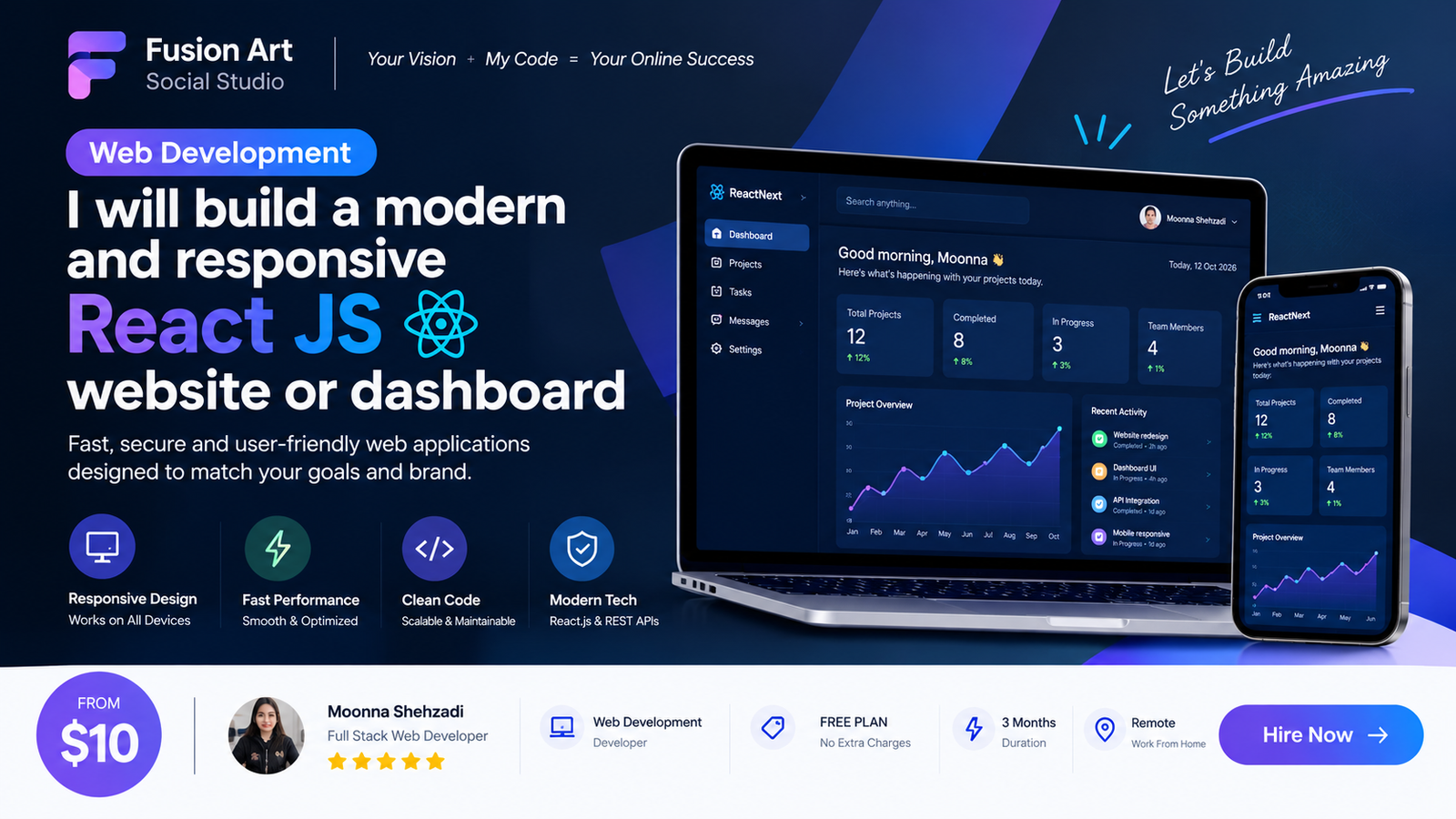 I will build a modern and responsive React JS website or dashboard
